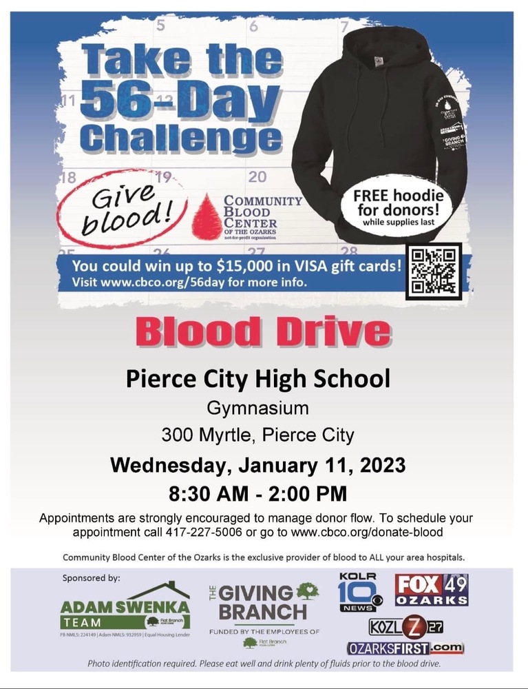 Blood Drive flyer. Take the 56-Day Challenge.  Visit www.cbco.org/56day for more info.  You could win up to $15,000 in VISA gift cards!