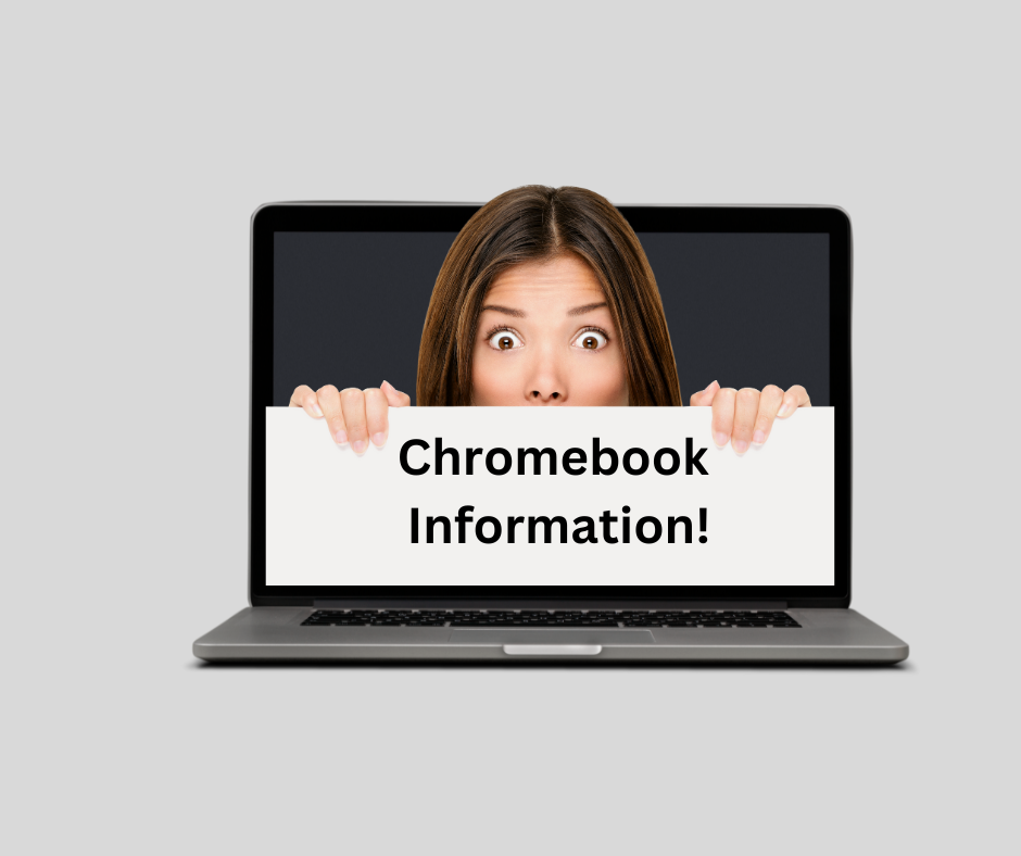 Lady in chromebook holding sign saying Chromebook Information
