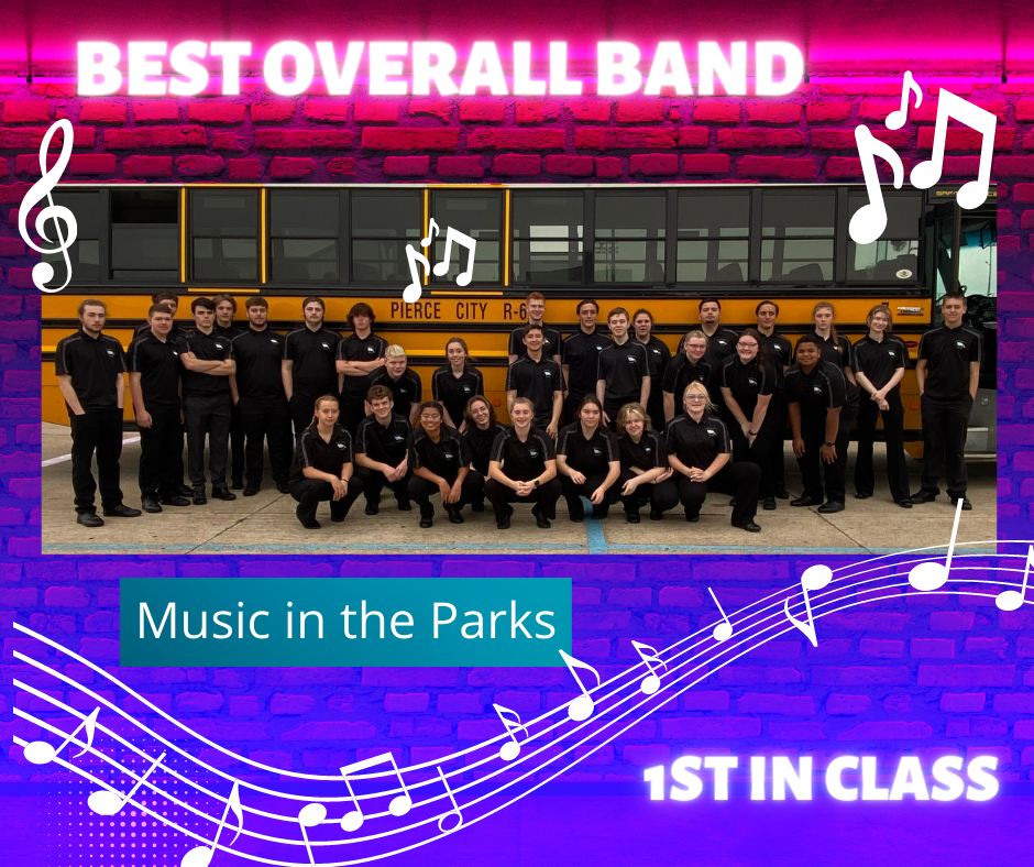Band students posing in front of the Pierce City School bus . Best overall band. 1st in class.